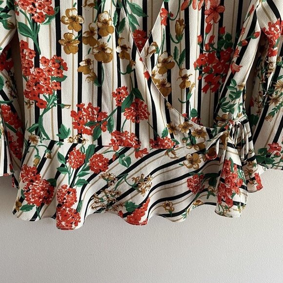 Zara Basic Collection Women S Striped Floral Kimono Sleeves Peplum Wrap Blouse - Picture 3 of 9